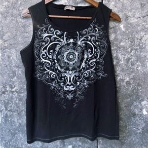 Vintage Blue Canyon Mandala Graphic Tank Top – Black & Silver – Women’s Size L